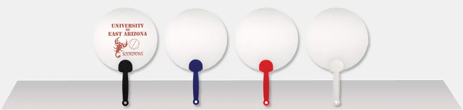 Row of five example plastic hand fans
