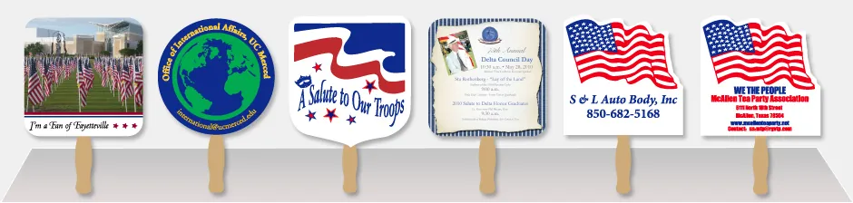 Row of five example political hand fans