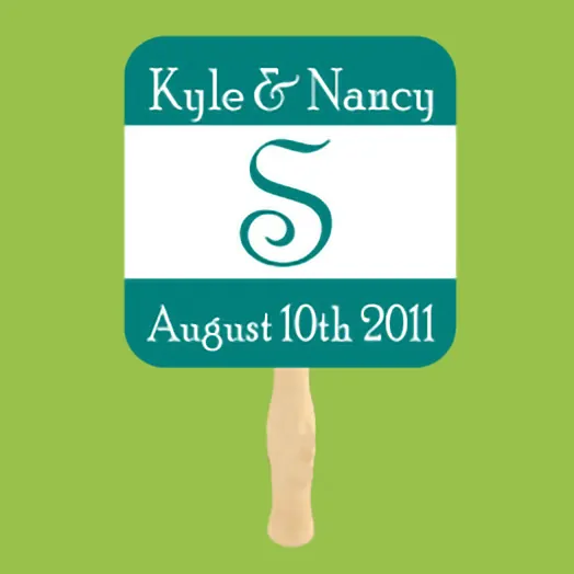 Square teal fan with a monogram S between Kyle & Nancy and August 10th 2011