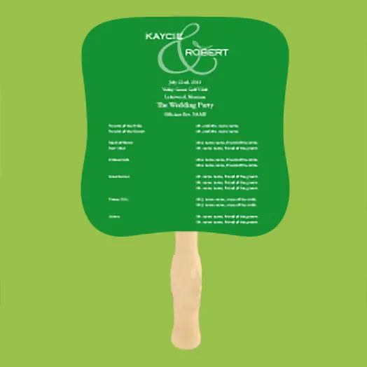 Green fan printed as a wedding program for Kaycie and Robert