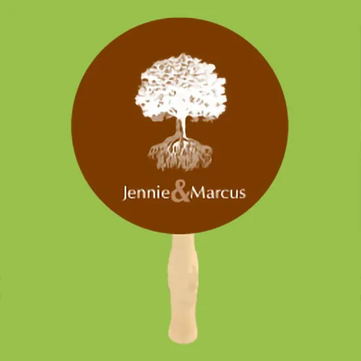 Round brown fan with a white tree and Jennie & Marcus