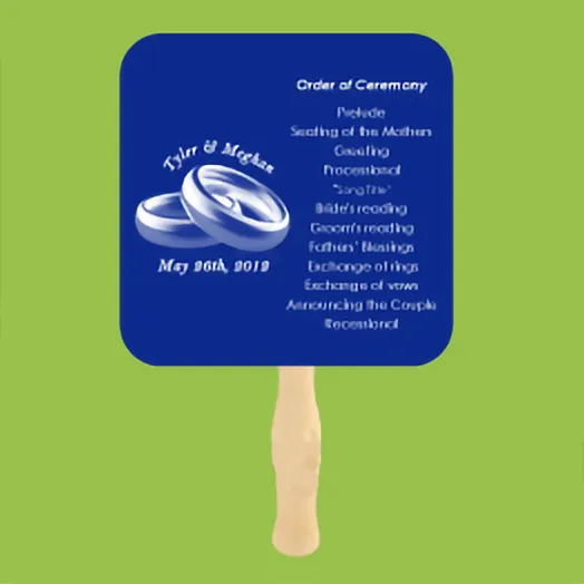 Square blue fan with wedding rings and the order of ceremony for Tyler and Meghan
