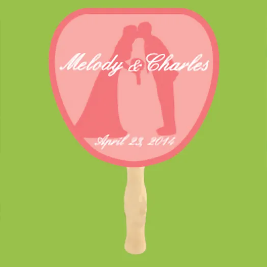 Pink fan with a kissing couple silhouette behind Melody & Charles