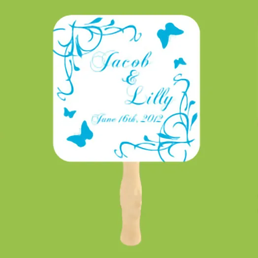 White square fan with turquoise butterflies and swirls around Jacob & Lilly