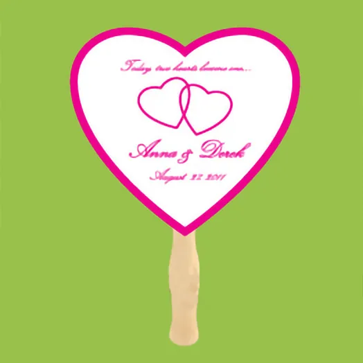 White heart fan with a pink border, two linked hearts and Anna & Derek