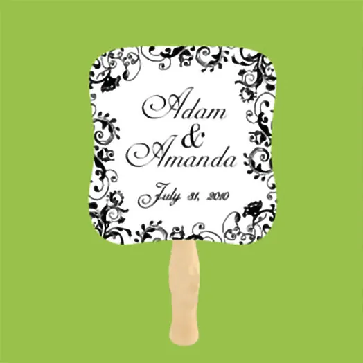 White fan with a black flourish border around Adam & Amanda