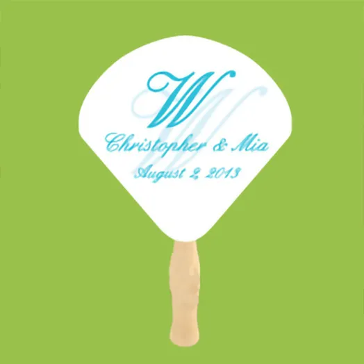 White diamond fan with a turquoise W monogram and Christopher & Mia