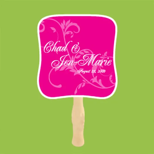 Bright pink fan with swirling vines and Chad & Jen-Marie