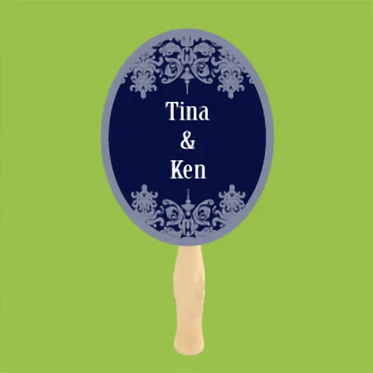 Navy oval fan with a gray damask border and Tina & Ken