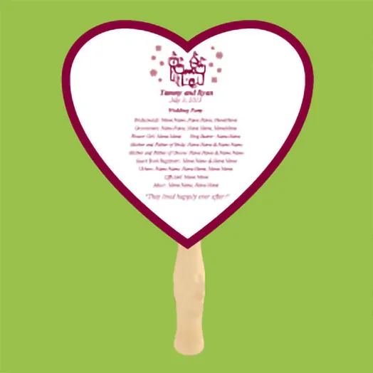 White heart fan with a burgundy border and a castle, printed as a wedding program for Tammy and Ryan