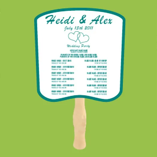 White fan with a teal border, printed as a wedding party program for Heidi and Alex