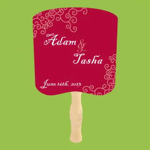 Crimson fan with swirl accents and Adam & Tasha