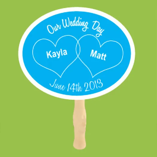 Blue oval fan with two linked hearts reading Our Wedding Day, Kayla and Matt