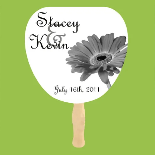 White fan with a gray gerbera daisy and Stacey & Kevin
