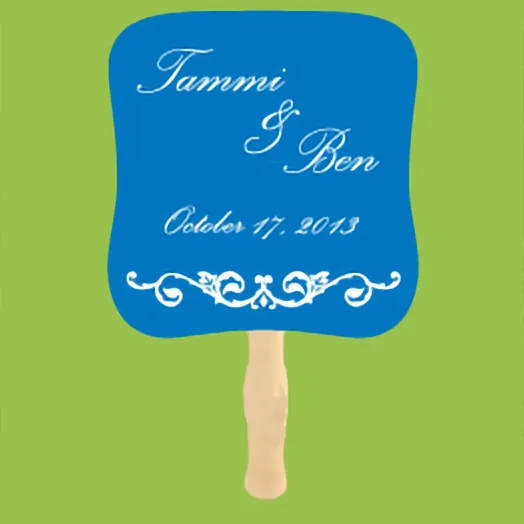 Blue fan with a white scroll ornament and Tammi & Ben