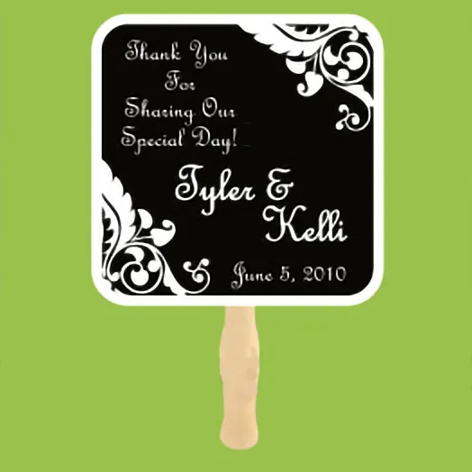 Black fan with white flourishes, a thank-you message and Tyler & Kelli