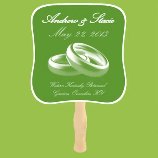 Green fan with wedding rings and Andrew & Stacie