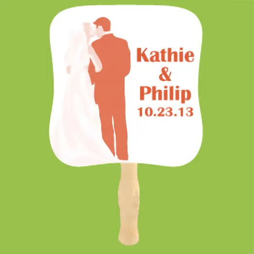 White fan with a bride and groom silhouette and Kathie & Philip in orange