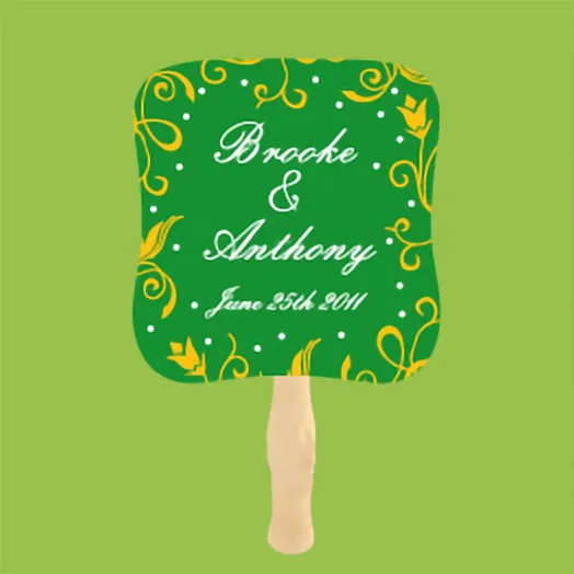 Green fan with gold swirls and white dots around Brooke & Anthony