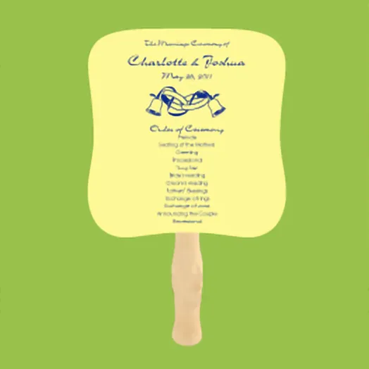 Pale yellow fan printed in blue as an order of ceremony for Charlotte and Joshua