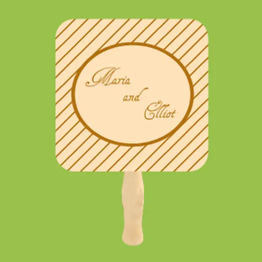 Cream fan with brown stripes and an oval frame around Maria and Elliot