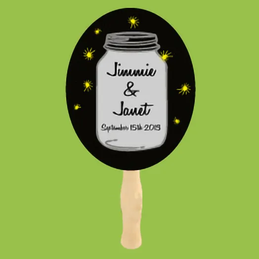Black oval fan with a gray mason jar, fireflies and Jimmie & Janet