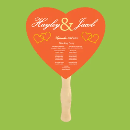 Orange heart fan with gold hearts, printed as a wedding party program for Hayley and Jacob