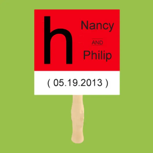 Red and white square fan with a large black h monogram and Nancy and Philip, 05.19.2013