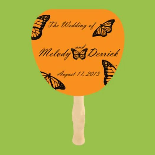 Orange fan with black monarch butterflies and The Wedding of Melody and Derrick