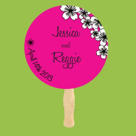 Round pink fan with white hibiscus flowers and Jessica and Reggie