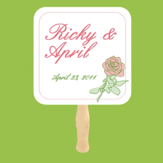 White square fan with a pink rose and Ricky & April