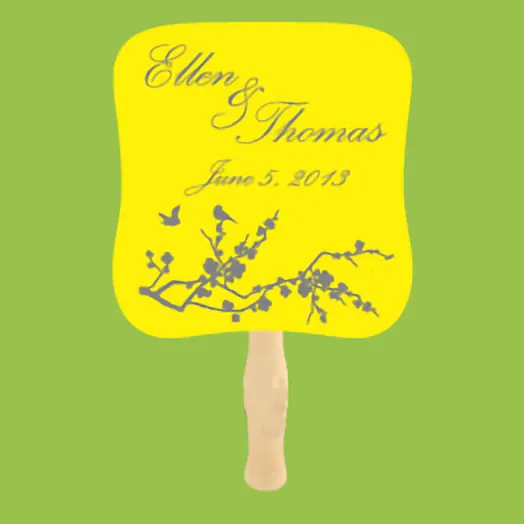 Yellow fan with a gray branch and birds, and Ellen & Thomas