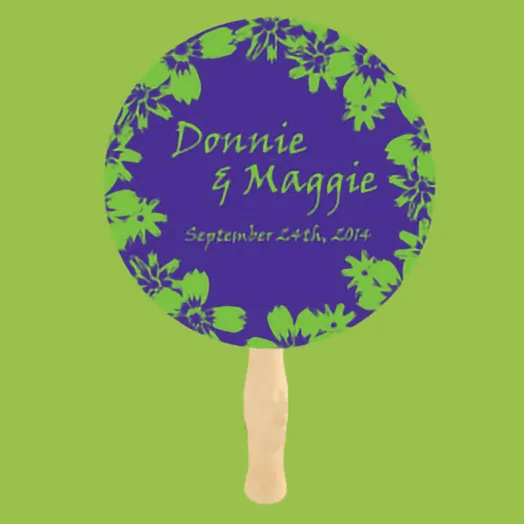 Round purple fan with a green floral border and Donnie & Maggie