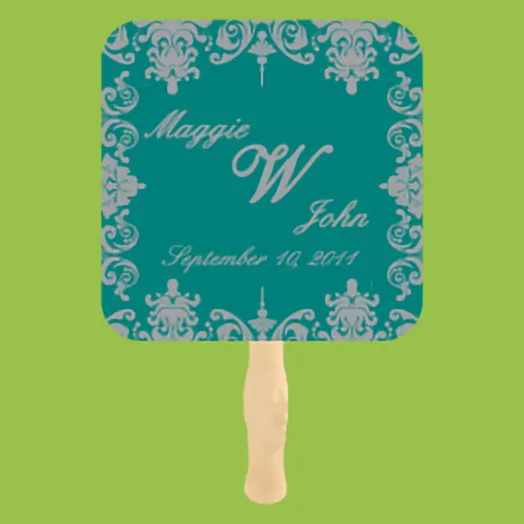 Teal fan with a gray damask border, a W monogram and Maggie & John